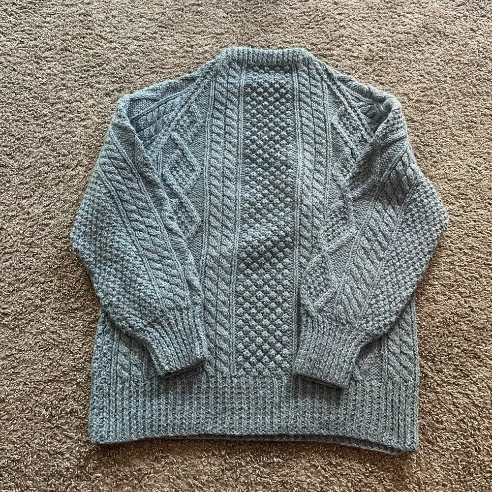 Vintage Aran Islands Knitwear Fisherman Wool Sweater Cable Knit Chunky Blue Sz L